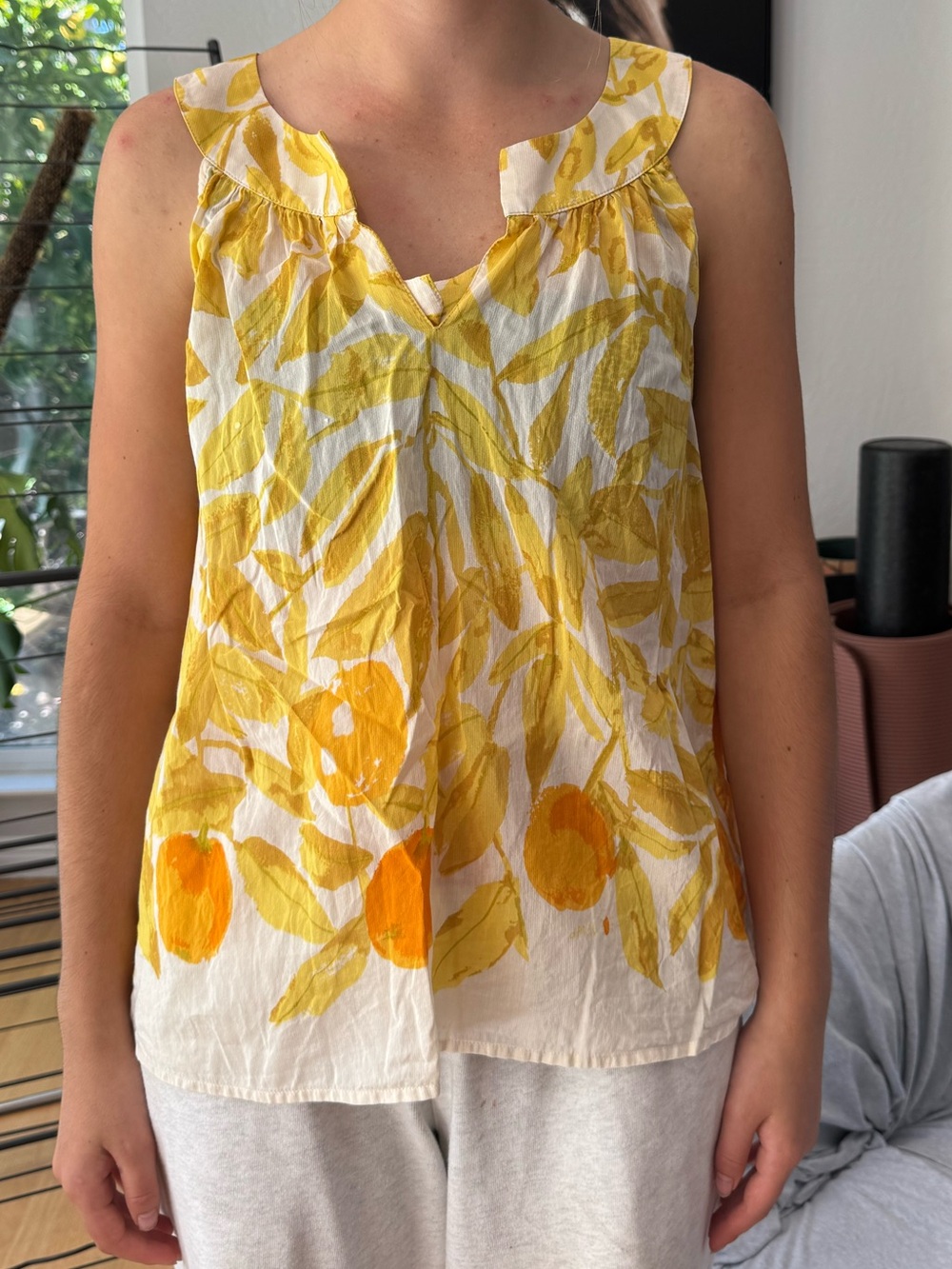 Yellow Citrus-Print Cotton & Silk Sleeveless Women's Top